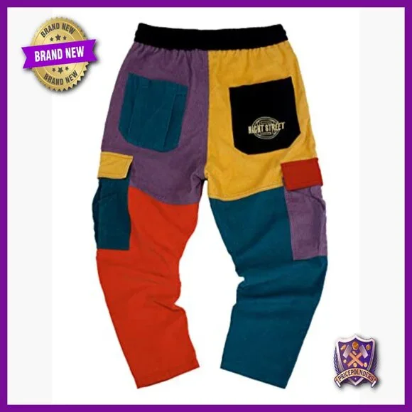 Men's Corduroy Cargo Joggers with Patchwork Design and Drawstring Waist